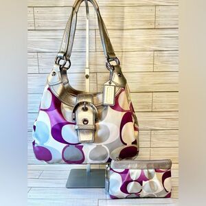 010-Coach:F17406 Madison Opt Art Sateen Purp,Wht,Gry,Slvr Handbag & Pouch Set